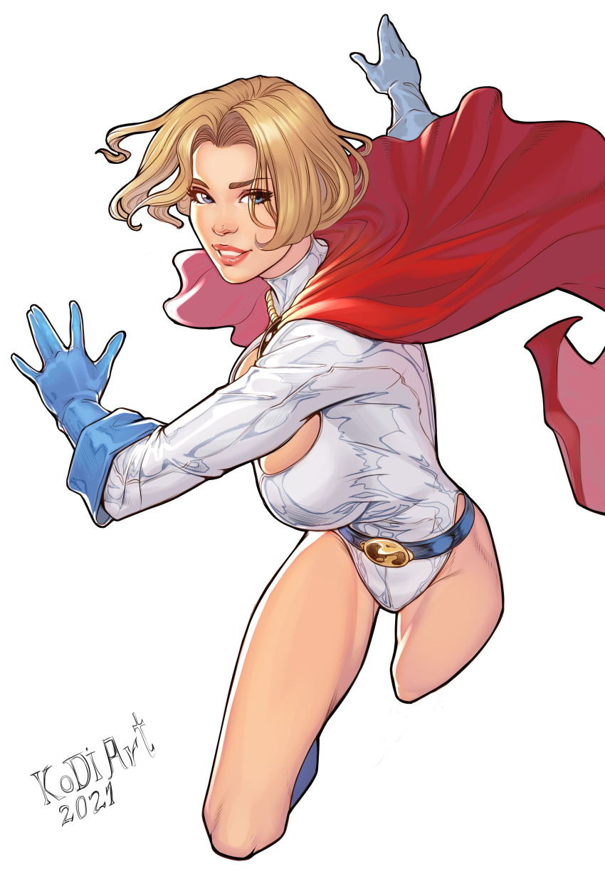 1girl absurdres artist_name belt blonde_hair blue_eyes blue_gloves breasts cape cleavage_cutout clothing_cutout commentary dated dc_comics elbow_gloves gloves highleg highleg_leotard highres kodiart96 large_breasts leotard lips long_sleeves looking_at_viewer parted_bangs parted_lips power_girl red_cape short_hair signature simple_background sleeved_leotard smile superman_(series) thighs white_background white_leotard