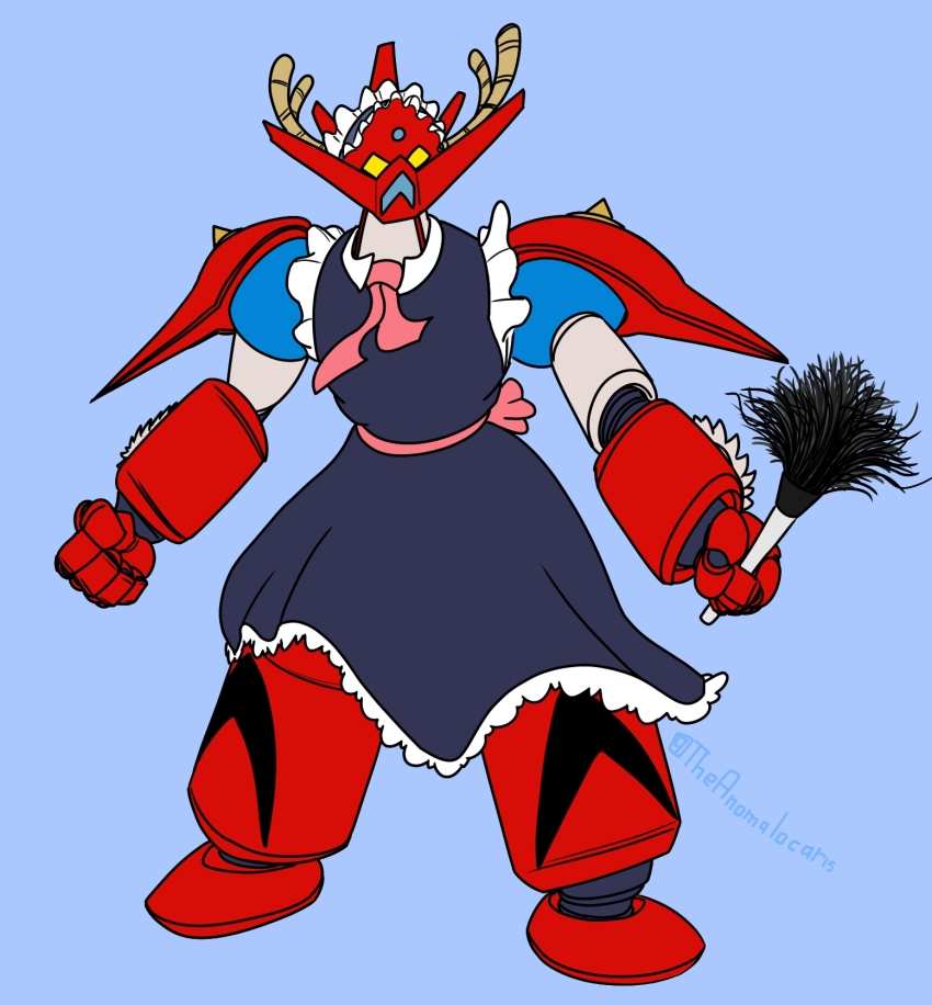 alternate_costume blue_background clothed_robot commentary dragon_horns duster english_commentary enmaided frills full_body getter_dragon getter_robo getter_robo_g highres horns kobayashi-san_chi_no_maidragon maid maid_headdress mecha no_humans parody pun robot signature simple_background solo spikes theanomalocaris twitter_username yellow_eyes