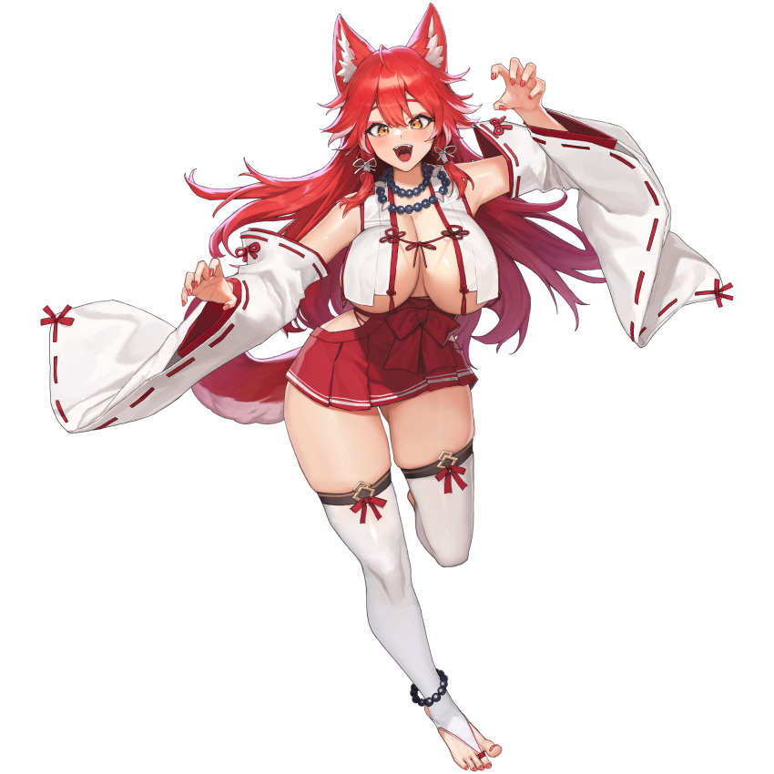 1girl ahoge animal_ear_fluff animal_ears anklet armpit_peek bare_shoulders bead_necklace beads breasts claw_pose cleavage detached_sleeves eyeliner fangs fenrir_(last_origin) highres hip_vent huge_breasts japanese_clothes jewelry large_breasts last_origin long_hair long_sleeves looking_at_viewer makeup miko nail_polish necklace no_bra nontraditional_miko official_alternate_costume official_art open_mouth over-kneehighs pleated_skirt red_eyeliner red_hair red_nails red_ribbon red_skirt ribbon simple_background skindentation skirt standing tachi-e tail thick_thighs thighhighs thighs tooth_necklace transparent_background tunamayo_(dsasd751) wolf_ears wolf_girl wolf_tail yellow_eyes