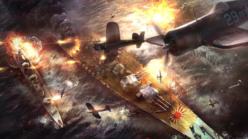 3d absurdres action aircraft airplane battle battleship cannon commentary copyright_request damaged deck deck_gun destroyer explosion fire firing flying from_above glowing highres japanese_flag military military_vehicle naval_battle no_humans ocean outdoors photorealistic projectile_trail propeller_fighter realistic ship ship_turret smoke togman-studio vehicle_focus warship water watercraft world_war_ii yamato_(battleship)