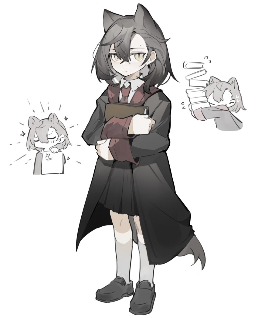 1girl academic_test akechi_(826988799) animal_ears arknights black_coat black_shoes book brown_necktie chibi chibi_inset chinese_commentary closed_mouth coat collared_shirt commentary_request flying_sweatdrops full_body grey_socks hair_behind_ear hair_between_eyes highres kneehighs long_sleeves looking_at_viewer mole mole_above_eye necktie penance_(arknights) pile_of_books shirt shoes socks solo sparkle standing white_shirt yellow_eyes