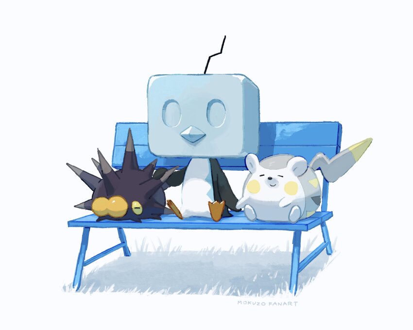 artist_name bench closed_eyes closed_mouth eiscue eiscue_(ice) gen_7_pokemon gen_8_pokemon highres holding_hands mokuzou_(moku_ssbu) nintendo no_humans pincurchin pokemon pokemon_(creature) signature sitting smile spikes togedemaru white_background