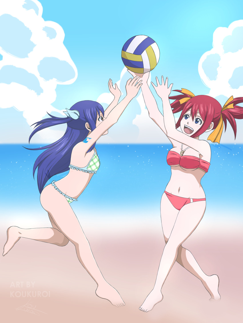 2girls absurdres artist_request beach blue_hair fairy_tail highres long_hair multiple_girls red_hair sheria_blendy short_hair swimsuit wendy_marvell