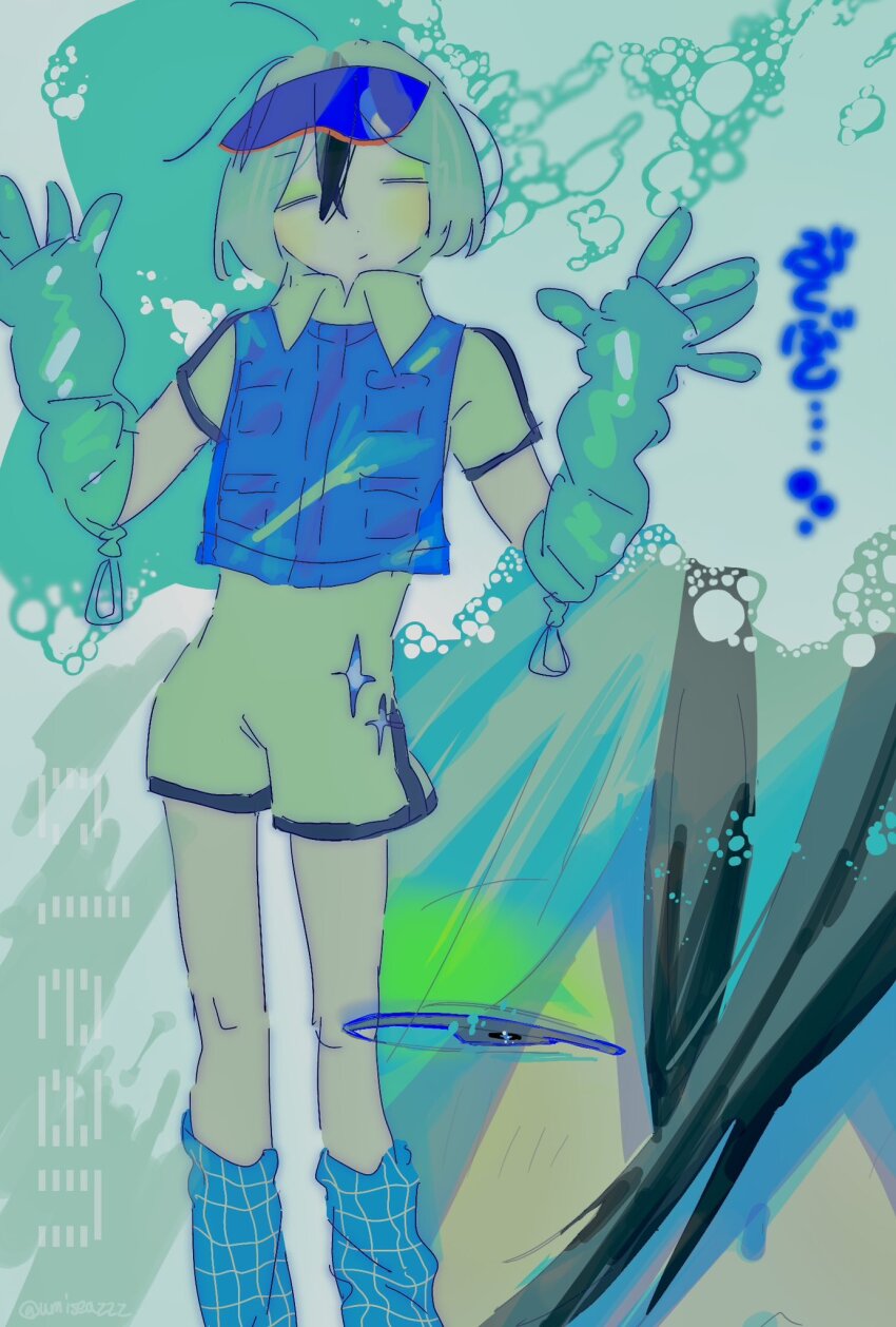 1girl blue_socks blue_vest bubble_background closed_eyes closed_mouth elbow_gloves english_text facing_viewer feet_out_of_frame gloves green_background green_jumpsuit grey_eyes grey_hair hands_up highres jumpsuit looking_at_viewer multicolored_hair multiple_views open_hands original projected_inset rubber_gloves see-through_vest short_hair short_jumpsuit short_sleeves soap_bubbles socks standing streaked_hair twitter_username umiseazzz vest visor_cap