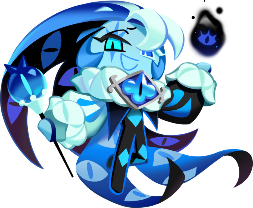 1boy androgynous blue_cape blue_gemstone blue_skin brooch cape colored_eyelashes colored_skin cookie_run cookie_run:_kingdom full_body game_cg gem heterochromia holding holding_staff icing icing_trim jewelry long_hair looking_at_viewer male_focus mismatched_eyelashes multicolored_hair official_art open_mouth orb shadow_milk_cookie short_hair slit_pupils smile solo staff third-party_source white_eyelashes
