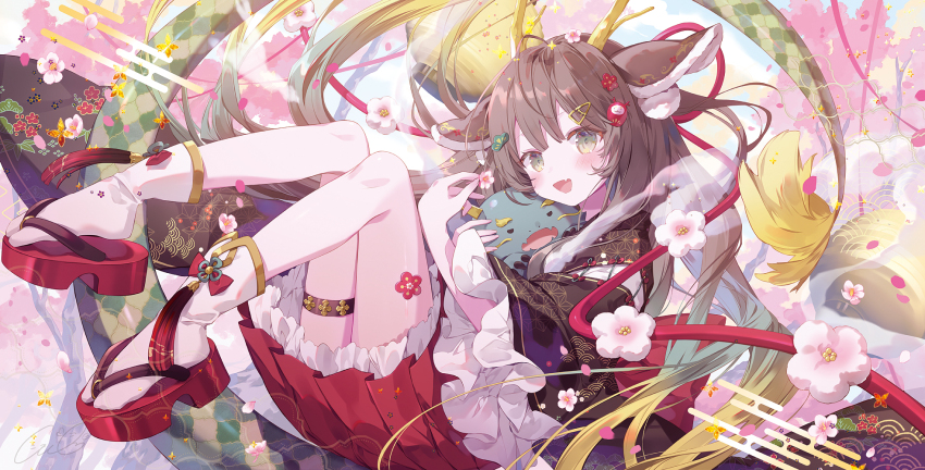 1girl 2024 :d animal animal_ears bare_legs brown_hair cow_ears dragon dragon_tail egasumi fang full_body furisode green_eyes hair_ornament hair_over_one_eye highres holding holding_animal ibara_riato japanese_clothes kimono knees long_hair lying new_year official_art okobo open_mouth platform_sandals pleated_skirt sandals seigaiha skirt smile solo tabi tail thigh_strap