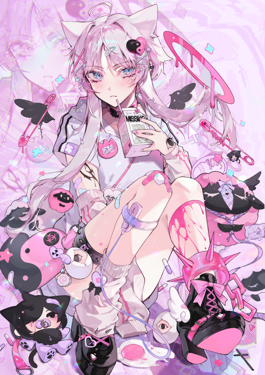 1boy abstract_background absurdres aegyo_sal ahoge androgynous angel_wings animal_ears ankle_boots ankle_wings anklet arm_between_legs arm_tattoo arm_warmers bag bandaid bandaid_on_arm bandaid_on_leg black_boots black_bow black_wings blood blue_eyes blush boots bow bow_legwear cat_boy cat_ears chain character_doll character_name choker closed_mouth commentary cross cursor doll double_vertical_stripe drinking_straw ear_piercing eita_789 english_commentary eyes_visible_through_hair footwear_bow frown full_body fumi_(eita_789) gauze_on_knee grey_hair hair_between_eyes hair_ornament hairclip haku_(eita_789) halftone halftone_background halo heart heart_hair_ornament high_heel_boots high_heels highres holding_carton hood hood_down hoodie jewelry knees_together_feet_apart knees_up looking_to_the_side loose_socks male_focus melting_halo nail_polish noose original paperclip piercing pill_hair_ornament pink_background pink_bag pink_blood pink_bow pink_choker pink_halo pink_nails purple_bow purple_halo remote_control_vibrator sex_toy shoelaces short_hair_with_long_locks short_sleeves shoulder_bag simple_background single_sock sitting socks solo sparkle spiked_anklet star_(symbol) star_hair_ornament stuffed_animal stuffed_sheep stuffed_toy tattoo vibrator white_hoodie white_socks white_wings wings x_hair_ornament yami_kawaii yin_yang zoom_layer