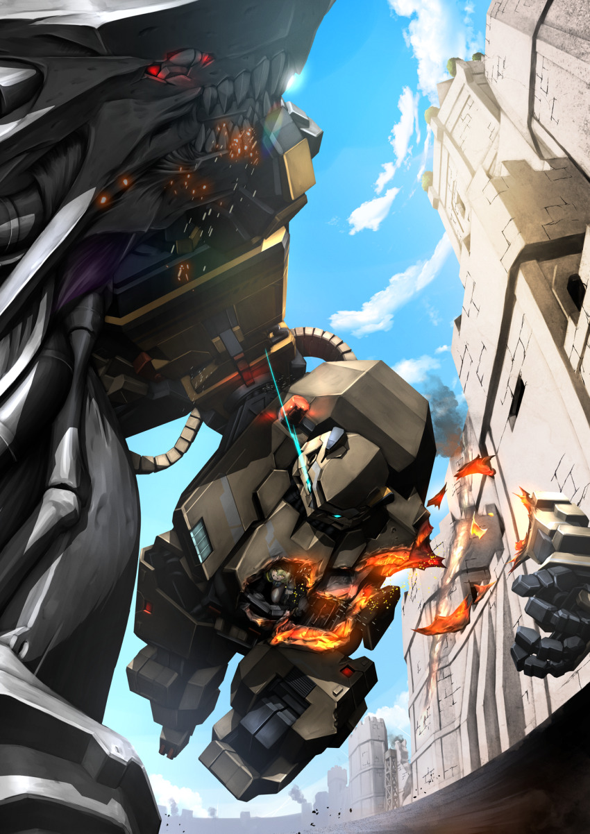 1girl black_bodysuit blue_eyes blue_sky bodysuit chatterbox_(nikke) clenched_teeth fighting glowing_hot goddess_of_victory:_nikke green_hair hairband highres hiraken kilo_(nikke) light_trail long_hair mecha molten_metal outdoors punching rapture_(nikke) red_eyes robot sky sparks talos_(nikke) teeth yellow_eyes