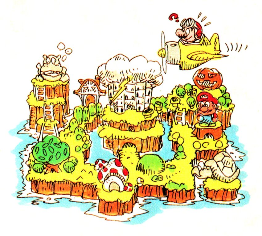 1boy aircraft airplane benimaru_itoh brown_hair castle facial_hair flying grass hat helmet highres hippo_(mario) island lightning mario mario_(series) mustache nintendo official_art pilot_helmet promotional_art statue super_mario_land_2 surprised