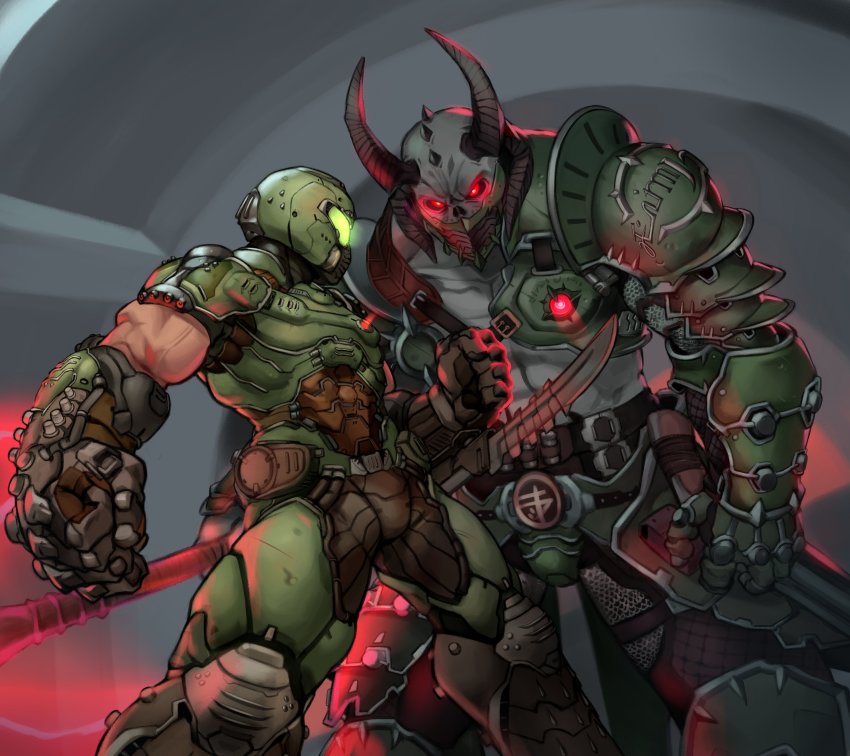 2boys absurdres arm_blade armor axe battle_axe biceps black_sclera breastplate clenched_hands colored_sclera colored_skin covered_mouth demon_boy demon_horns doom_(series) doom_eternal doomguy double-barreled_shotgun energy_axe faceoff gatling_gun glowing glowing_eyes grey_skin gun height_difference helmet highres holding holding_weapon holstered horns kelvin_hiu male_focus manly marauder_(doom_eternal) minigun multiple-barrel_gun multiple_boys muscular power_armor red_eyes sawed-off_shotgun shotgun shoulder_armor side-by-side-barreled_shotgun veins weapon wrist_blade wrist_blades