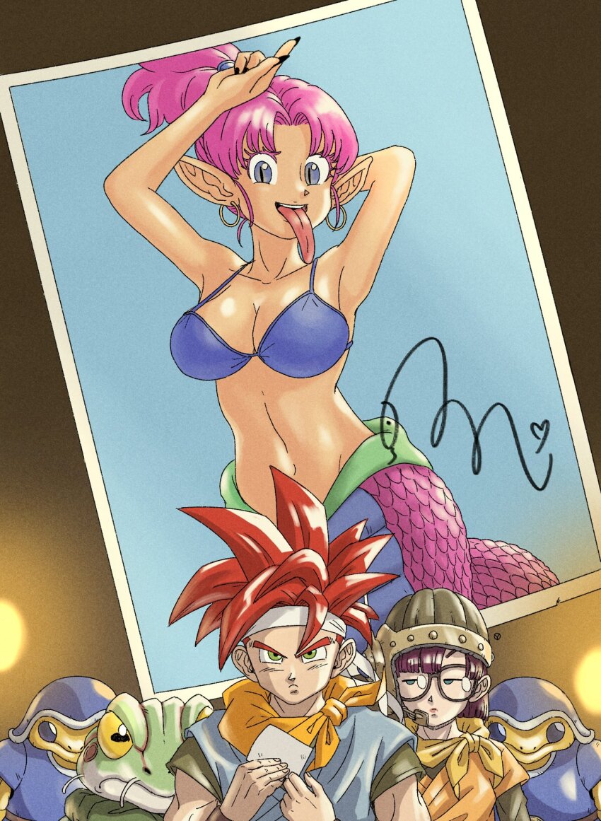 armpits bikini bikini_top_only black_nails breasts chrono_trigger crono_(chrono_trigger) earrings frog_(chrono_trigger) glasses green_eyes grey_eyes hands_up headband high_ponytail highres holding holding_photo hoop_earrings horizontal_pupils jewelry lamia large_breasts long_tongue looking_at_viewer lucca_ashtear medium_hair mianne monster_girl navel photo_(object) pink_hair pointy_ears ponytail red_hair signature slit_pupils spiked_hair stomach swimsuit tongue tongue_out white_headband yuto_sakurai