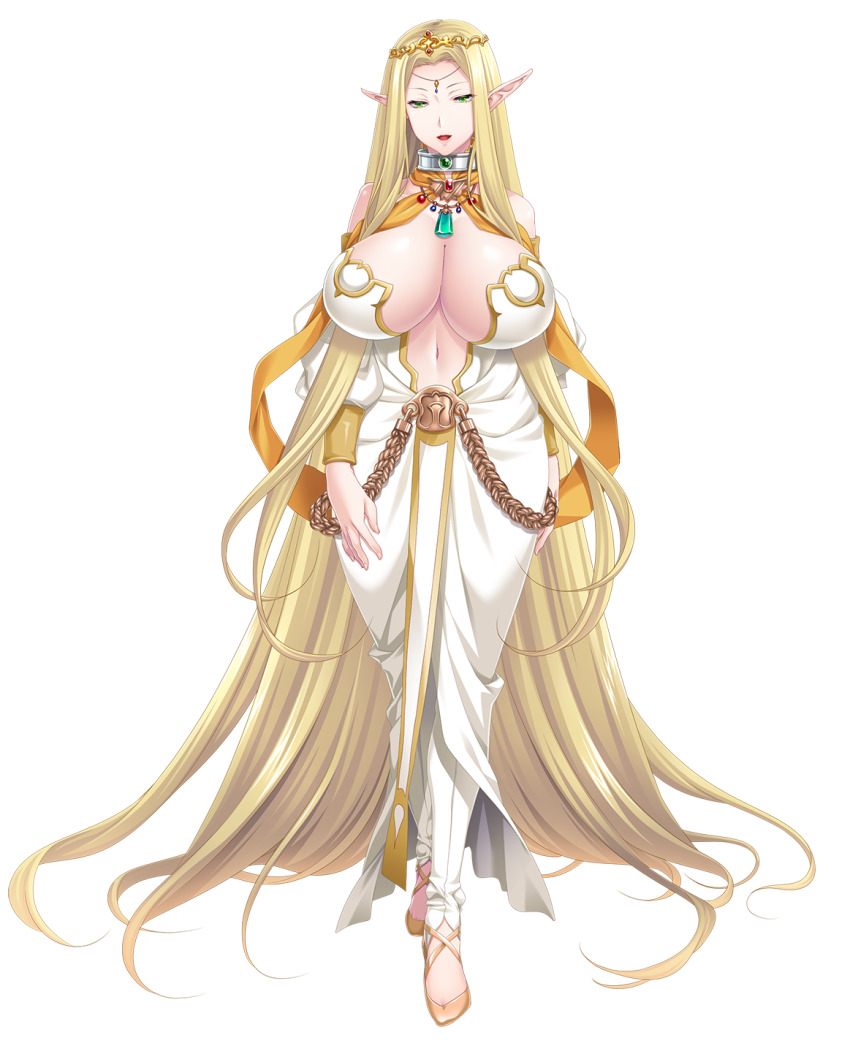 1girl blonde_hair boots breasts cleavage collar elf elfen_king elsa_(elfen_king) feet female_focus full_body game_cg green_eyes highres hikage_eiji huge_breasts huracan large_breasts legs light_smile long_hair looking_at_viewer lots_of_jewelry lune_(company) nana_g navel original parted_lips pointy_ears simple_background smile solo standing tachi-e thigh_boots thighs transparent_background very_long_hair wide_hips