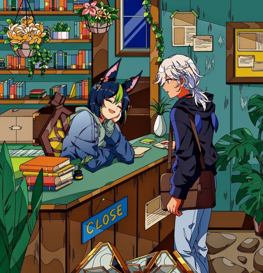 2boys animal_ears black_hair blush book closed_eyes cyno_(genshin_impact) dark-skinned_male dark_skin facing_another flower fox_boy fox_ears genshin_impact green_hair hanging_flower hanging_plant highres library looking_at_another male_focus multicolored_hair multiple_boys open_mouth plant red_eyes secretmirage short_hair slice_of_life smile tighnari_(genshin_impact) white_hair
