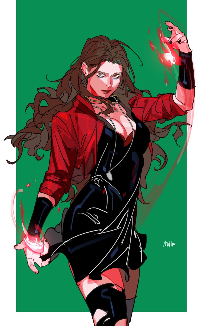 1girl absurdres arm_warmers artist_name avengers:_age_of_ultron avengers_(series) black_dress black_nails black_thighhighs border breasts brown_hair cleavage cowboy_shot dress fingernails gem green_background green_eyes hand_up highres jacket jewelry karmaho lapels large_breasts lips long_hair long_sleeves looking_at_viewer magic marvel marvel_cinematic_universe nail_polish necklace open_clothes open_jacket outside_border red_gemstone red_jacket red_pupils simple_background solo standing teeth thighhighs torn_clothes torn_thighhighs wanda_maximoff wavy_hair white_border