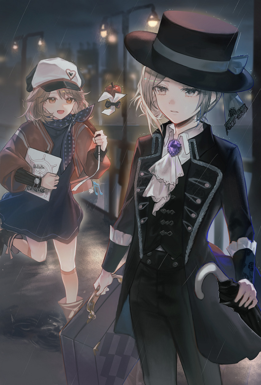 2girls :d ankle_boots apple apple_(reverse:1999) ascot backpack bag black_bow black_bowtie black_coat black_hat black_pants black_vest blue_bow blue_dress blue_neckerchief blurry blurry_background boots bow bowtie brown_footwear brown_hair newsboy_cap coat cowboy_shot dress food foot_out_of_frame fruit grey_eyes grey_hair hair_bun hat hat_bow highres holding holding_record_jacket holding_strap holding_suitcase jacket lamppost looking_at_another looking_to_the_side multiple_girls neckerchief night night_sky open_mouth orange_eyes outdoors pants parted_lips polka_dot_neckerchief purple_brooch rain record_jacket red_jacket red_socks regulus_(reverse:1999) reverse:1999 running shirt short_dress short_hair single_side_bun sky smile socks sp0i0ppp suitcase traditional_bowtie vertin_(reverse:1999) vest waistcoat wet_floor white_ascot white_shirt