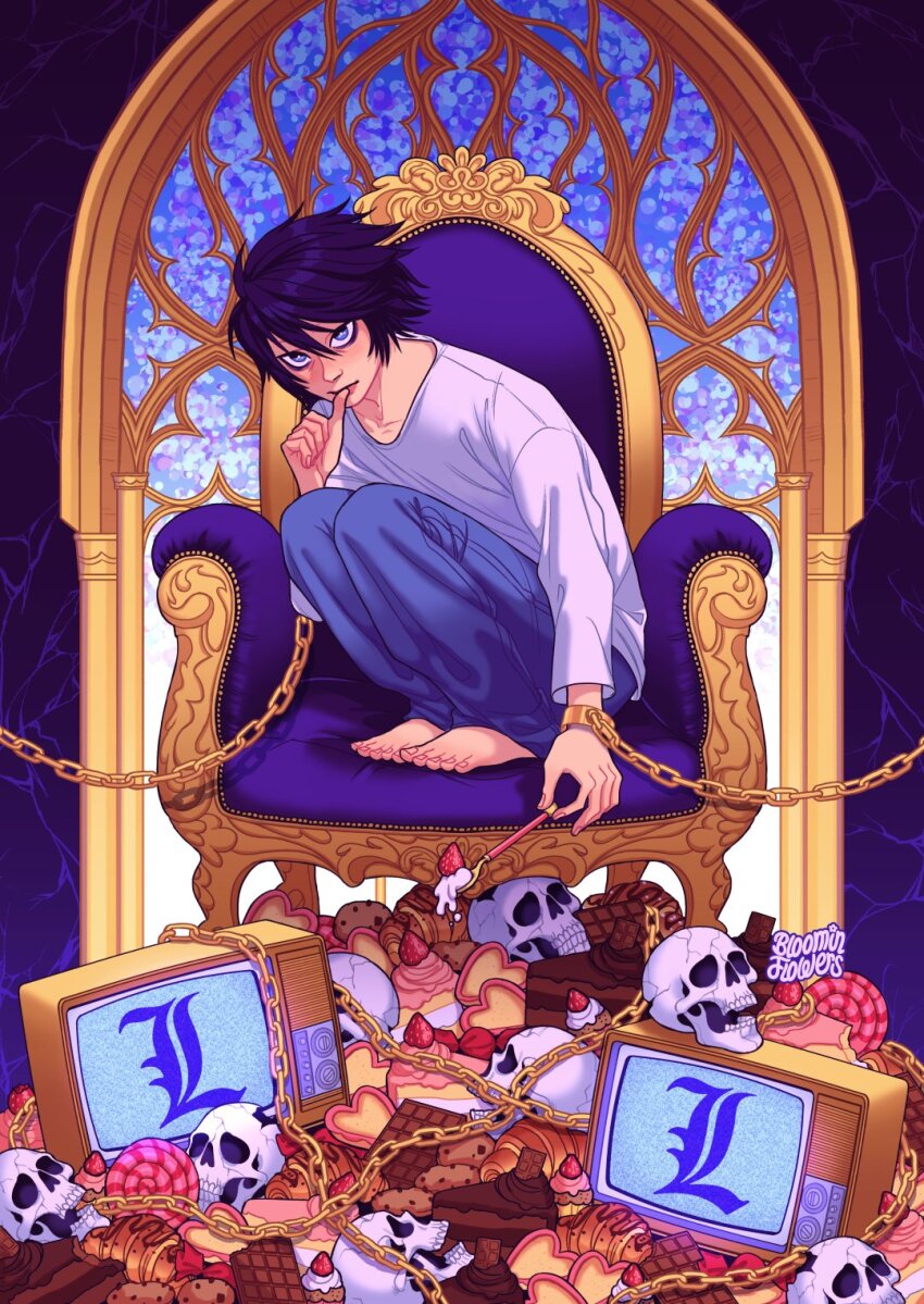 1boy artist_name barefoot black_hair bloominflowers blue_eyes blue_pants cake chain chair chocolate crt death_note food gold_chain highres l_(death_note) looking_at_viewer pants shirt short_hair skull solo squatting white_shirt