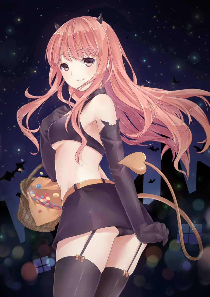 1girl bad_id bad_pixiv_id basket bat_(animal) belt black_gloves black_panties black_skirt blurry blush bokeh breasts brown_eyes candy closed_mouth crop_top demon_horns demon_tail depth_of_field elbow_gloves female_focus food from_side garter_straps gloves halloween highres horns jelly_bean kamon_(shinshin) long_hair looking_at_viewer looking_back midriff nikki_(series) nikki_no_aisare_coordination nikki_up2u nikki_up2u2:_world_traveller panties pantyshot pink_hair skirt small_breasts smile solo standing tail thighs underboob underwear