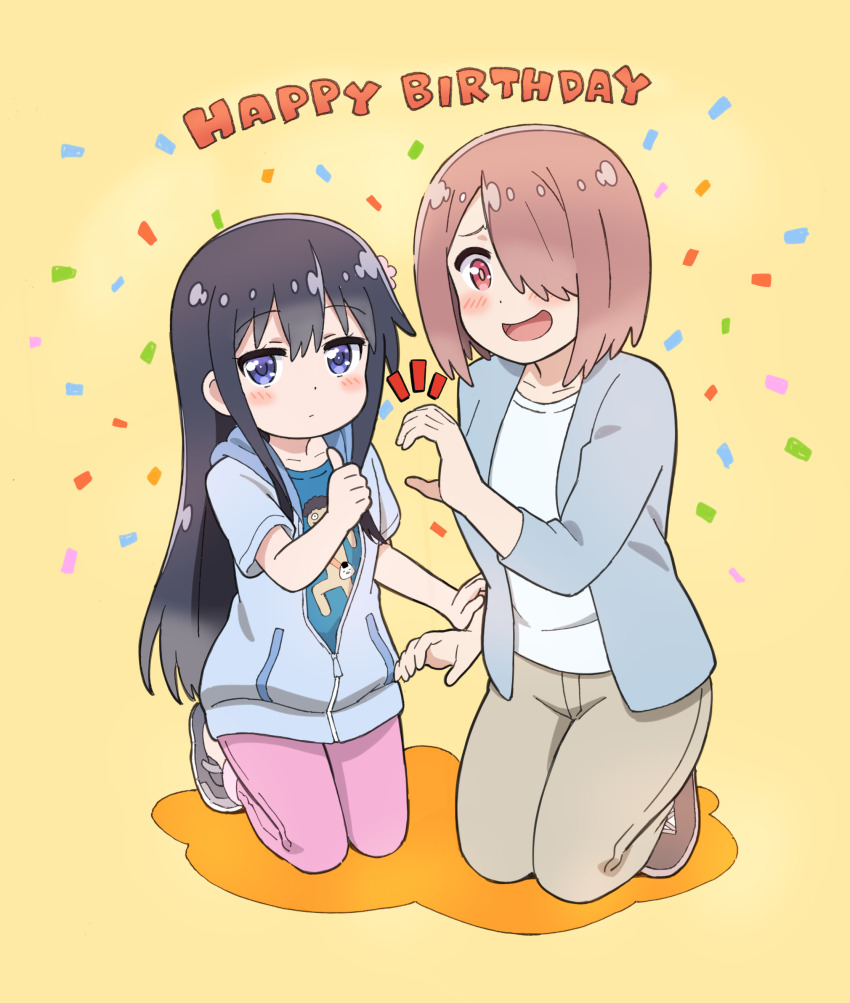 2girls absurdres black_hair english_text hair_ornament highres hoshino_miyako_(wataten) kneeling komagoma long_hair multiple_girls purple_eyes red_eyes red_hair shirosaki_hana short_hair simple_background watashi_ni_tenshi_ga_maiorita!