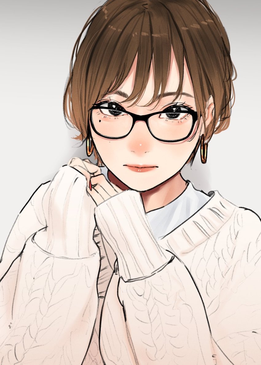 1girl black-framed_eyewear brown_eyes brown_hair closed_mouth earrings glasses hands_up highres jewelry lips lipstick long_sleeves looking_at_viewer makeup mole mole_on_cheek mole_under_eye original saitou_(lynx-shrike) short_hair solo sweater white_sweater