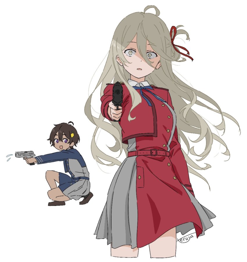 2girls :d ahoge aiming artist_name belt belt_buckle blonde_hair blue_bow blue_dress bow bowtie breasts brown_footwear brown_hair buckle buttons cosplay cropped_legs dark-skinned_female dark_skin dress foreshortening full_body grey_dress gun hair_between_eyes hair_ribbon handgun hashtag-only_commentary highres holding holding_gun holding_weapon incoming_attack inoue_takina inoue_takina_(cosplay) long_bangs long_sleeves looking_at_another looking_at_viewer lycoris_recoil make_heroine_ga_oo_sugiru! medium_breasts multiple_girls nishikigi_chisato nishikigi_chisato_(cosplay) open_mouth purple_eyes red_belt red_dress red_ribbon ribbon shikiya_yumeko short_dress short_hair simple_background smile squatting teruya_(6w6y) two-tone_dress wavy_hair weapon white_background yakishio_lemon yellow_eyes