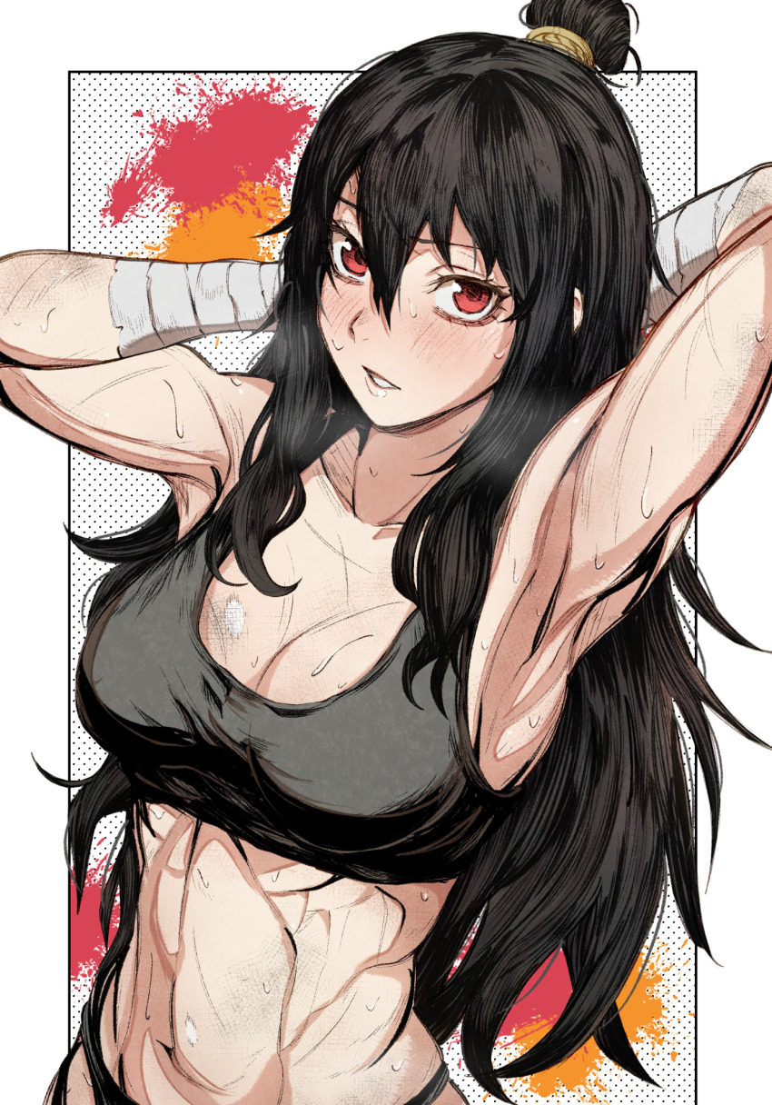 1girl abs arm_wrap armpits arms_behind_head arms_up bare_shoulders black_border black_bra black_hair black_panties blush border bra breasts cleavage collarbone commentary english_commentary greyscale hair_between_eyes highres library_of_ruina long_hair looking_at_viewer medium_breasts midriff monochrome muscular muscular_female navel nb8c open_mouth outside_border panties parted_lips project_moon red_eyes sidelocks simple_background solo sports_bra spot_color stomach sweat toned toned_female underwear upper_body very_long_hair white_background xiao_(project_moon)