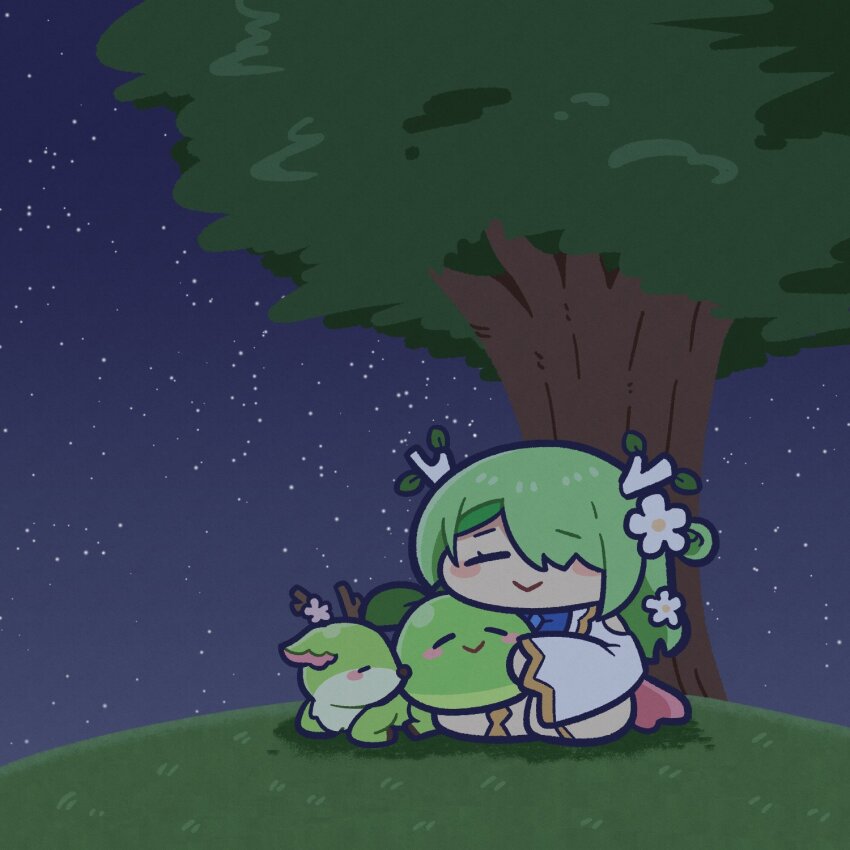 1girl :&gt; antlers blob blush ceres_fauna ceres_fauna_(1st_costume) chibi chibi_only closed_eyes closed_mouth clothing_cutout commentary deer_antlers english_commentary flower grasslands green_hair hair_flower hair_ornament hair_over_one_eye highres hololive hololive_english horns hug long_hair long_sleeves mascot nemu_(ceres_fauna) night night_sky on_grass one_eye_covered sapling_(ceres_fauna) shadow shoulder_cutout sitting sky sprout_on_head star_(sky) starry_sky tree turning_head underdatv virtual_youtuber white_flower