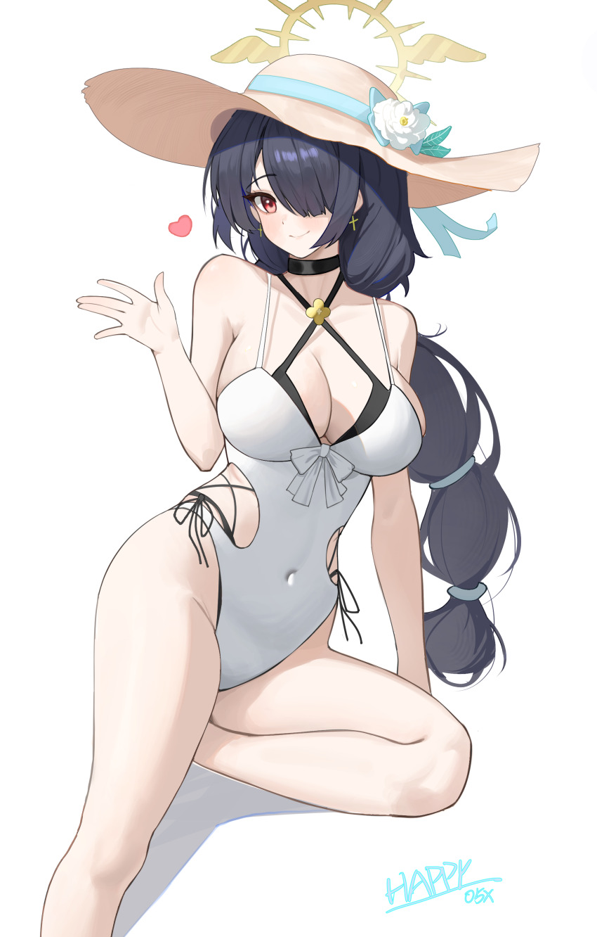 1girl absurdres armpit_crease artist_name bare_legs bikini black_choker black_hair blue_archive blush breasts casual_one-piece_swimsuit choker cleavage clothing_cutout commentary_request covered_navel cross cross_earrings earrings groin hair_over_one_eye halo happy05x hat heart highres hinata_(blue_archive) hinata_(swimsuit)_(blue_archive) jewelry large_breasts long_hair looking_at_viewer multi-tied_hair official_alternate_costume one-piece_swimsuit one_eye_covered red_eyes side-tie_bikini_bottom side_cutout signature simple_background smile solo straw_hat swimsuit very_long_hair white_background white_one-piece_swimsuit