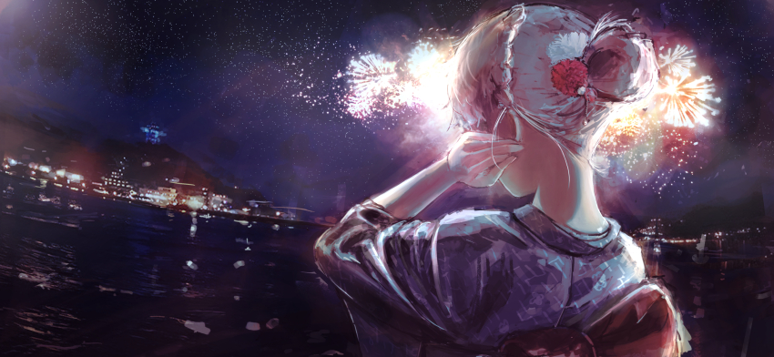 1girl aerial_fireworks building cloud cloudy_sky fireworks from_behind hair_bun hair_ornament hand_in_own_hair highres japanese_clothes kimono lake long_sleeves monogatari_(series) nape night night_sky oikura_sodachi owarimonogatari revision rhinth scenery single_hair_bun sky solo star_(sky) starry_sky upper_body white_hair yukata