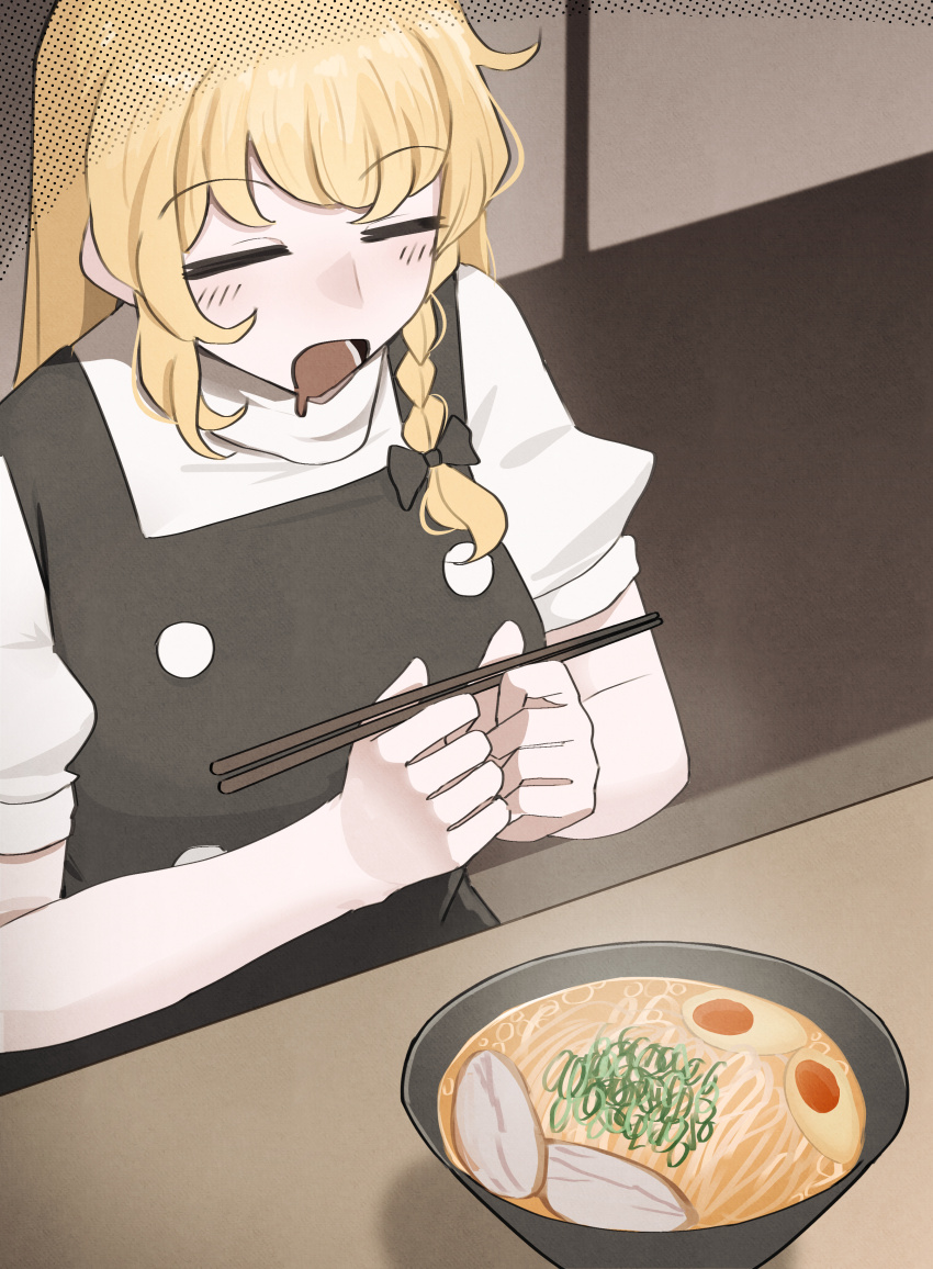 1girl absurdres black_bow black_vest blonde_hair blush bow bowl braid breasts char-siu chopped_spring_onion chopsticks closed_eyes drooling egg_(food) food hair_bow hands_up highres indoors kirisame_marisa long_hair mata_(matasoup) medium_breasts noodles open_mouth ponytail puffy_short_sleeves puffy_sleeves ramen shirt short_sleeves side_braid single_braid softboiled_egg solo table touhou vest white_shirt