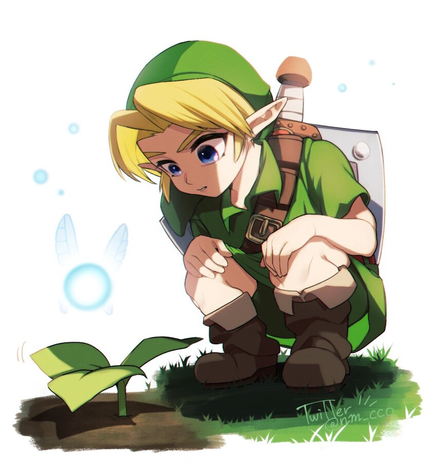1boy ao_haruki blonde_hair boots brown_boots fairy grass hat highres kokiri_sword leaf link looking_down male_focus navi nintendo parted_lips plant pointy_ears shield shield_on_back shorts solo sprout squatting the_legend_of_zelda the_legend_of_zelda:_ocarina_of_time tunic young_link