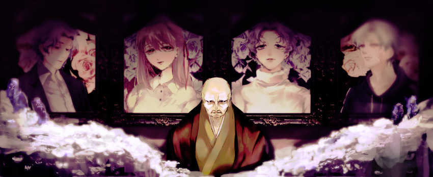 1girl 4boys absurdres blue_hair brother_and_sister brothers chino_(mumm) dress fate/stay_night fate/zero fate_(series) flower formal_clothes hair_ribbon highres hood hoodie iei japanese_clothes long_hair matou_byakuya matou_kariya matou_sakura matou_shinji matou_zouken multiple_boys old old_man photo_(object) portrait_(object) purple_hair red_ribbon ribbon short_hair siblings suit sweater turtleneck turtleneck_sweater uncle_and_niece wavy_hair white_hair