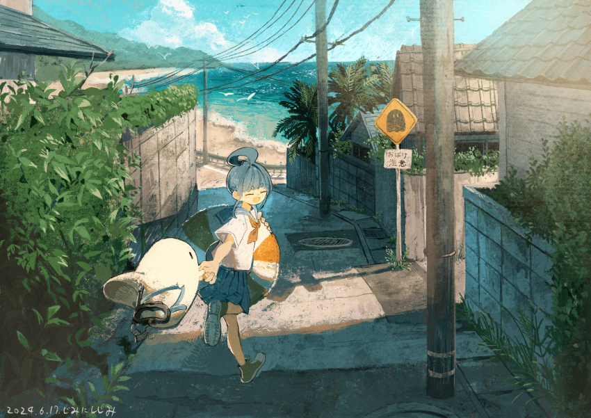 1girl absurdres ahoge aqua_hair aqua_sailor_collar aqua_skirt beach bird blush building closed_eyes commentary_request converse dated day fingernails forest goggles grass guard_rail highres hill holding holding_swim_ring innertube jimini_shijimi landscape looking_at_viewer looking_back nature neckerchief ocean open_mouth orange_neckerchief original outdoors palm_tree plant pleated_skirt power_lines road road_sign running sailor_collar sand school_uniform seagull serafuku shirt short_hair short_sleeves sidelocks sign skirt smile solo sunlight swim_ring tree utility_pole waves white_shirt