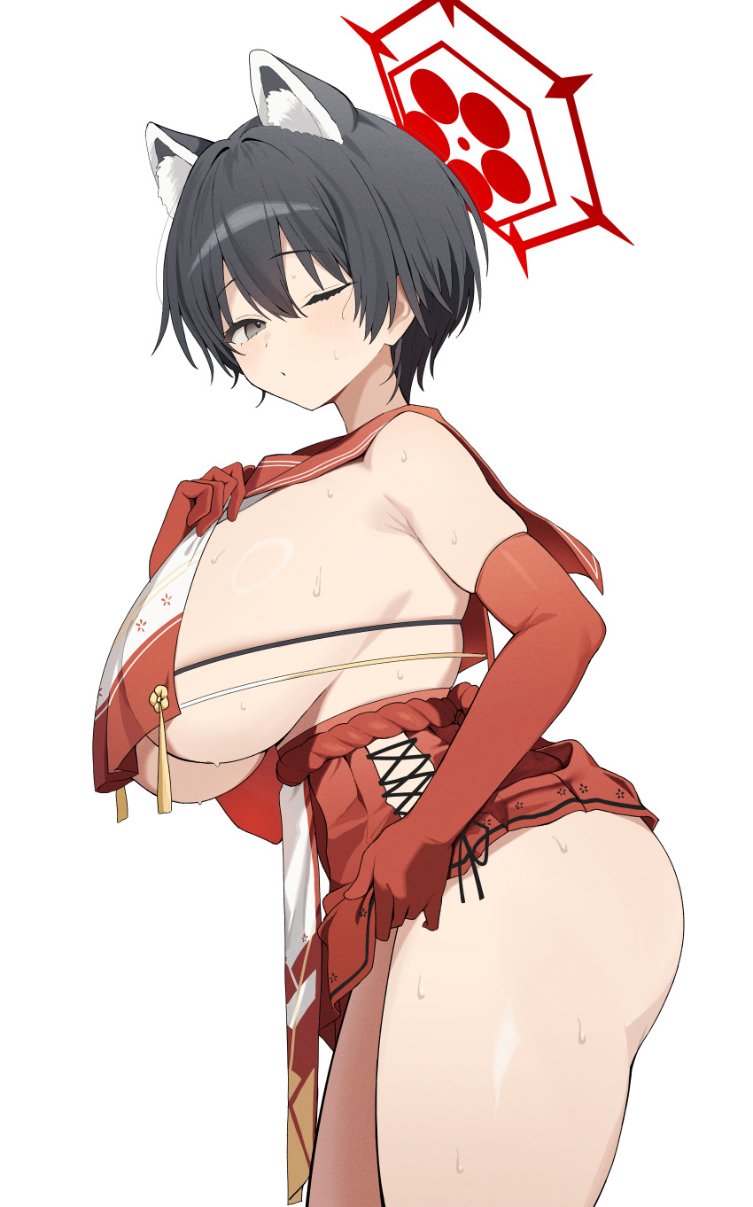 1girl absurdres animal_ear_fluff animal_ears bare_shoulders black_eyes black_hair blue_archive blush breast_curtain breasts closed_mouth clothes_lift elbow_gloves extra_ears gloves halo highres hip_vent huge_breasts lifting_own_clothes looking_at_viewer n3ow one_eye_closed pleated_skirt raccoon_ears red_gloves red_halo red_skirt rope sailor_collar shimenawa short_hair sideboob sidelocks simple_background skirt skirt_lift solo sweat tassel thick_thighs thighs tsubaki_(blue_archive) white_background