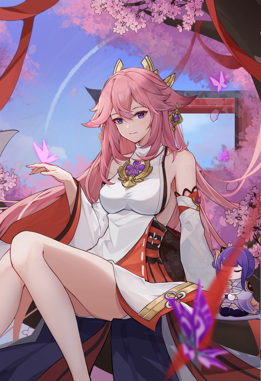 1girl absurdres animal_ears bare_shoulders blush breasts bug butterfly catmelon_(user_melon010203) cherry_blossoms commentary crystalfly_(genshin_impact) detached_sleeves duplicate earrings feet_out_of_frame floppy_ears fox fox_ears fox_shadow_puppet genshin_impact hair_ornament highres insect japanese_clothes jewelry knees_together_feet_apart large_breasts legs long_hair looking_at_viewer nontraditional_miko outdoors pink_fur pink_hair purple_eyes raiden_shogun sideboob smile solo wide_sleeves yae_miko