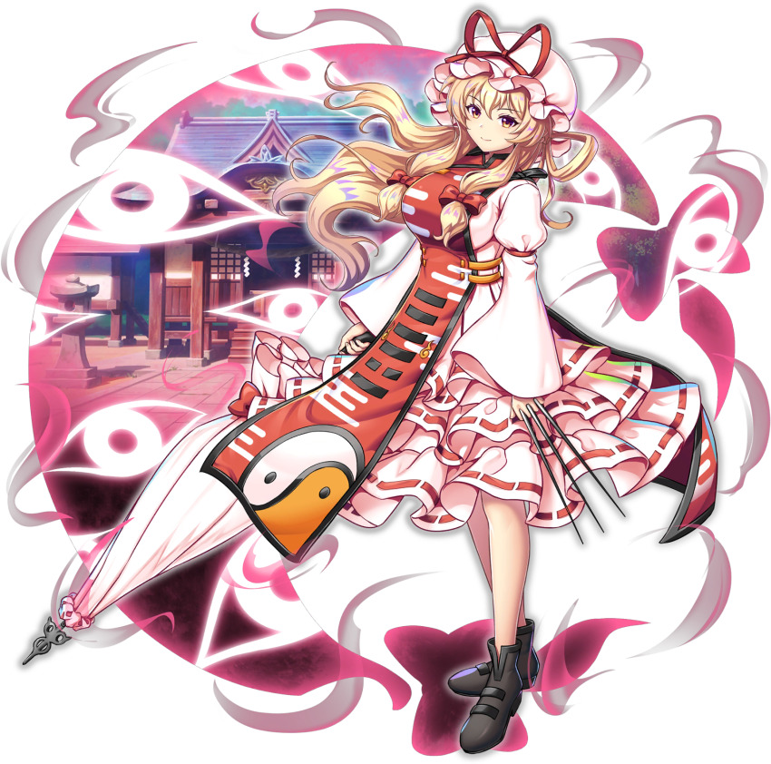 1girl alternate_color blonde_hair bow breasts brown_shoes building closed_mouth closed_umbrella dress embodiment_of_scarlet_devil frilled_dress frills full_body game_cg gap_(touhou) hair_bow hakurei_shrine hat hat_ribbon highres holding holding_needle holding_umbrella juliet_sleeves large_breasts long_hair long_sleeves looking_at_viewer mob_cap needle official_art parasol puffy_sleeves red_bow red_ribbon red_tabard ribbon ribbon-trimmed_dress ribbon_trim rotte_(1109) shoes sidelocks smile solo stone_lantern tabard third-party_source throwing_needles touhou touhou_lostword transparent_background trigram umbrella white_dress white_hat wide_sleeves yakumo_yukari yakumo_yukari_(scarlet) yellow_eyes yin_yang yin_yang_print