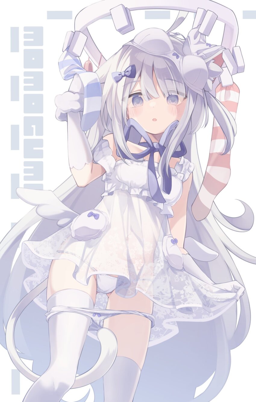 1girl animal_ears arm_up bare_shoulders between_legs blue_bow blue_eyes blue_ribbon blush borrowed_character bow bow_bra bow_panties bra bra_on_head commentary_request copyright_request dress elbow_gloves gloves gluteal_fold grey_hair hair_between_eyes hair_bow highres long_hair looking_at_viewer natsuki_teru neck_ribbon object_on_head panties panty_pull parted_lips ribbon see-through_clothes simple_background socks solo striped_clothes striped_socks tail tail_between_legs thighhighs underwear unworn_bra unworn_panties unworn_socks very_long_hair white_background white_bra white_dress white_gloves white_panties white_thighhighs