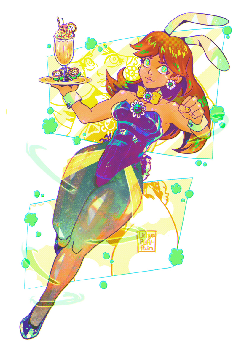 1girl bow bowtie brown_hair earrings food green_eyes high_heels highres jewelry leotard lirhyapetitpain long_hair mario_(series) nintendo pantyhose plate playboy_bunny princess_daisy rabbit_ears rabbit_tail super_mario_land wide_hips wrist_cuffs