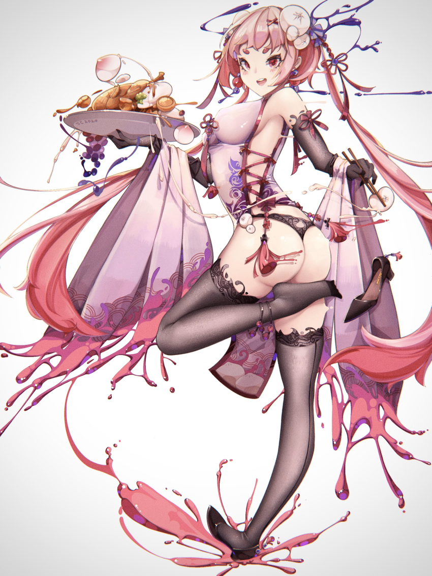 1girl absurdres ass bad_id bad_pixiv_id steamed_bun baozi_hair_ornament black_gloves black_thighhighs breasts china_dress chinese_clothes chopsticks dress elbow_gloves food food-themed_hair_ornament gloves hair_ornament highres holding holding_chopsticks looking_at_viewer looking_back medium_breasts original panties pink_eyes pink_hair senjouhara_nira shoes short_eyebrows single_shoe thighhighs thighs twintails underwear
