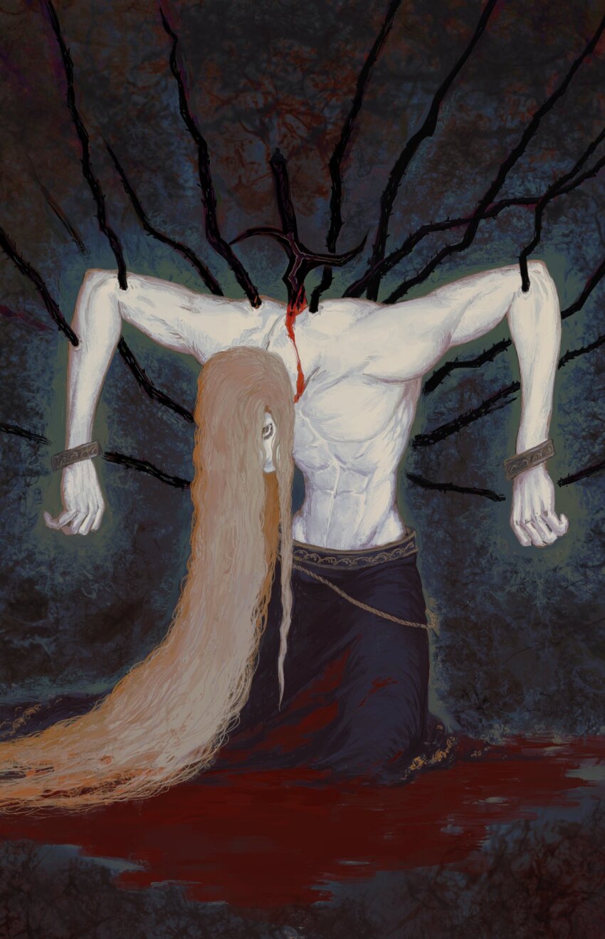 1boy backstab black_blade black_robe blonde_hair blood bracelet elden_ring godwyn_the_golden grab_2030 highres impaled jewelry long_hair looking_at_viewer plant pool_of_blood prince robe topless_male very_long_hair vines yellow_eyes