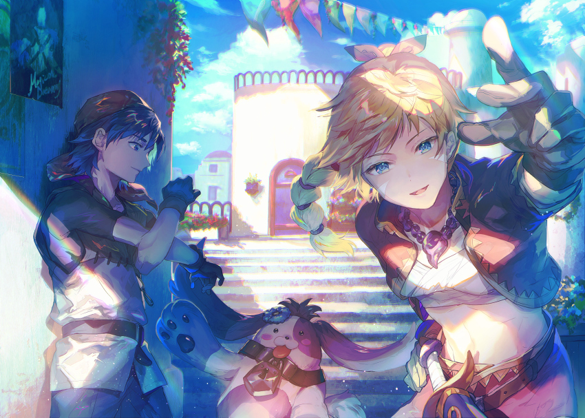 1boy 1girl animal belt black_gloves blonde_hair blue_eyes blue_hair blue_sky brown_belt chrono_cross closed_mouth commentary_request day dog fingerless_gloves floating_hair gloves hand_on_own_hip highres kid_(chrono_cross) looking_at_viewer midriff navel open_mouth outdoors pointing pointing_at_viewer ponytail poshul_(chrono_cross) serge_(chrono_cross) shadow short_hair short_sleeves sky smile stomach sunakumo
