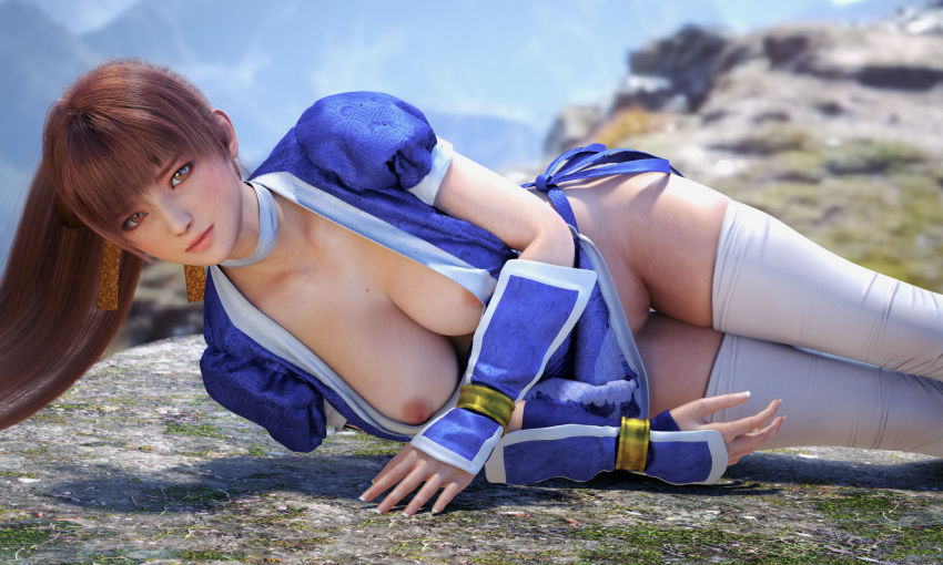 1girl 3d bottomless breasts brown_eyes brown_hair clothing_aside collarbone dead_or_alive female_focus functionally_nude highres incise_soul japanese_clothes kasumi_(doa) looking_at_viewer lying m-rs medium_breasts ninja nipples on_side panties pussy solo tagme thighhighs thighs uncensored underwear white_panties
