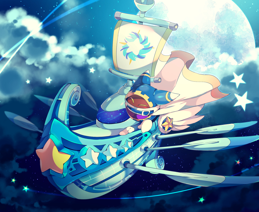 ^_^ animal_ears belt belt_buckle belt_collar blue_belt blue_hood boat buckle cape cape_lift closed_eyes cloud collar commentary_request covered_mouth disembodied_hand flying full_moon gear_print gloves highres kirby_(series) light_blush lor_starcutter magolor mast moon nintendo no_humans oar rayman_limbs sailboat scarf shirushiki sky spacecraft star_(sky) star_(symbol) starry_sky watercraft white_cape white_gloves white_scarf
