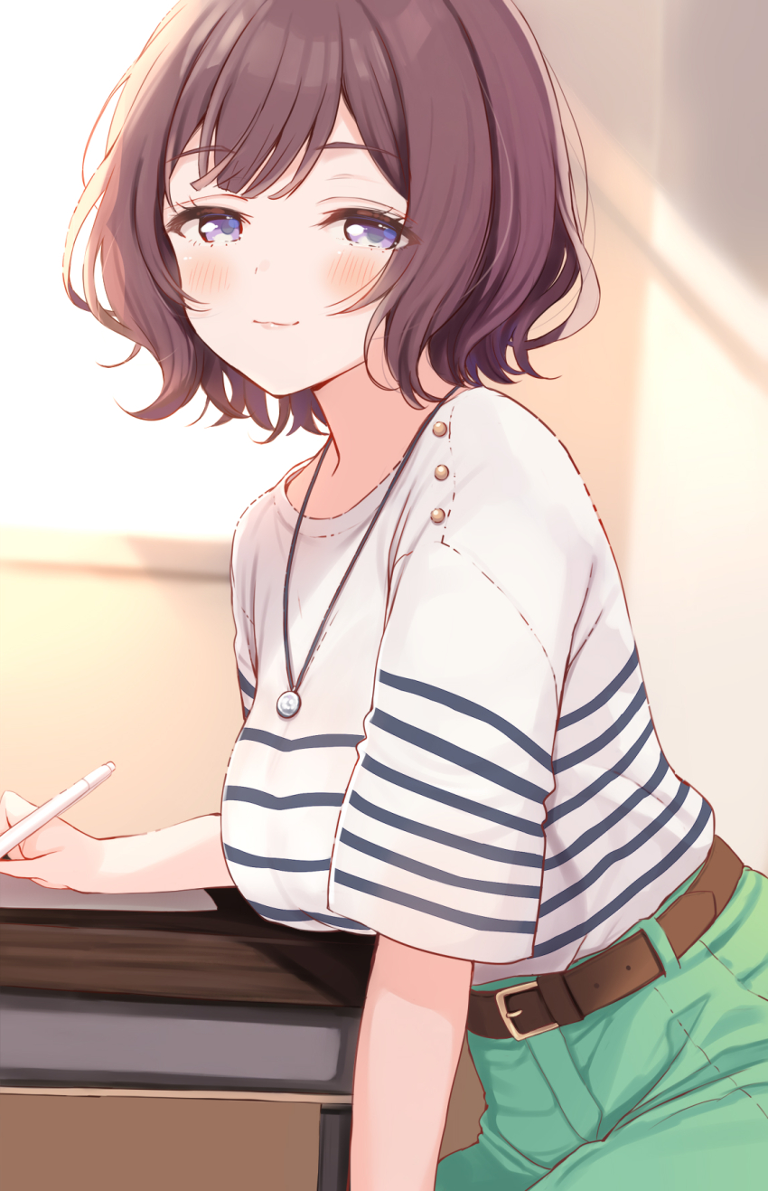 1girl belt belt_buckle blue_eyes blurry blurry_background blush breasts brown_belt brown_hair buckle closed_mouth commentary_request gakuen_idolmaster green_pants highres holding holding_pen idolmaster jewelry komone_ushio large_breasts leather_belt looking_at_viewer necklace neo_asari pants pen shirt short_hair short_sleeves smile solo striped_clothes striped_shirt white_shirt