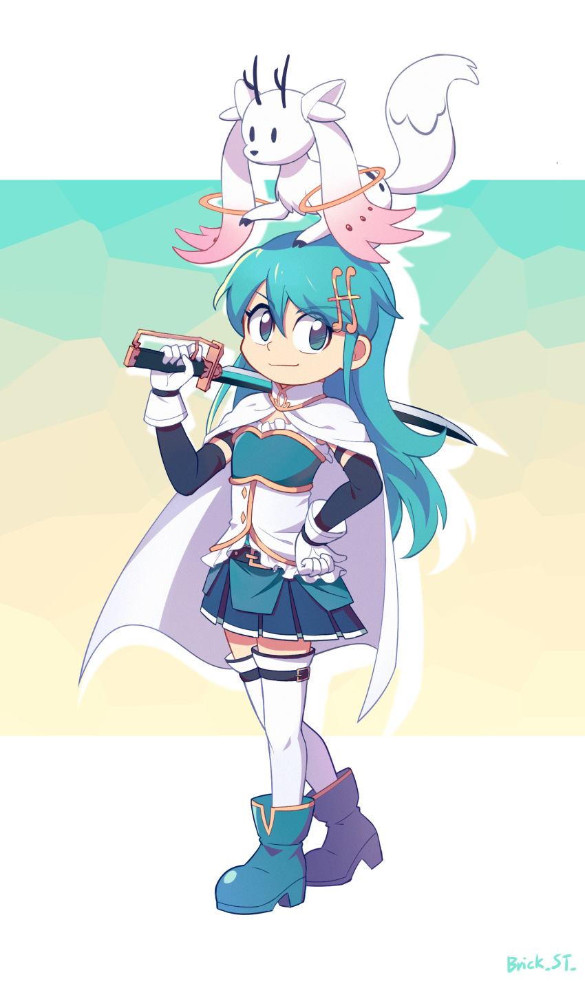 &gt;:) 1girl absurdres aqua_eyes aqua_hair belt blue_footwear blue_skirt blue_sleeves boots brick_st cape cosplay detached_sleeves fortissimo full_body gloves hair_ornament hand_on_own_hip highres hilda_(hilda) hilda_(series) holding holding_sword holding_weapon kyubey kyubey_(cosplay) long_hair looking_at_viewer mahou_shoujo_madoka_magica mahou_shoujo_madoka_magica_(anime) miki_sayaka miki_sayaka_(cosplay) miki_sayaka_(magical_girl) musical_note musical_note_hair_ornament pleated_skirt shirt signature skirt sword thighhighs twig_(hilda) v-shaped_eyebrows weapon white_cape white_gloves white_shirt white_thighhighs zettai_ryouiki