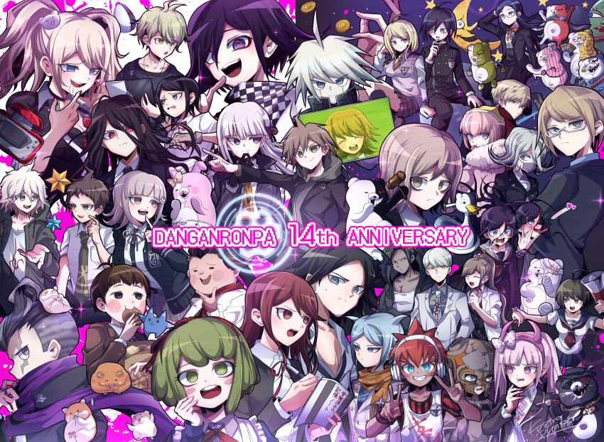 6+boys 6+girls absurdres akamatsu_kaede alter_ego_(danganronpa) amami_rantaro ando_ruruka anniversary black_hair blonde_hair blue_eyes blush_stickers bow bread breasts brown_eyes brown_hair cham-p character_request cleavage collared_shirt commentary_request copyright_name daimon_masaru_(danganronpa) danganronpa danganronpa/zero danganronpa:_trigger_happy_havoc danganronpa_(series) danganronpa_2:_goodbye_despair danganronpa_3_(anime) danganronpa_another_episode:_ultra_despair_girls danganronpa_v3:_killing_harmony double_v enoshima_junko flower food fukawa_toko galaga gavel genocider_shou glasses green_eyes green_hair hamster hanamura_teruteru hat heart highres hinata_hajime ikusaba_mukuro izayoi_sounosuke jum-p k1-b0 kamukura_izuru kemuri_jataro kimura_seiko kirigiri_kyoko komaeda_nagito kujira_pyon_ka kurokuma_(danganronpa) maga-g mask matsuda_yasuke mitarai_ryota monodam monokid monokuma monomi_(danganronpa) monophanie monosuke monotaro_(danganronpa) mouth_mask multiple_boys multiple_girls munakata_kyousuke naegi_komaru naegi_makoto necktie oma_kokichi otonashi_ryouko pen pink_flower pink_hair purple_scarf red_hair saihara_shuichi sailor_collar sakakura_juuzou scarf seed shingetsu_nagisa shirokuma_(danganronpa) shirt skirt spaceship_hair_ornament spotted_bow sun-d sunflower_seed tanaka_gundham togami_byakuya towa_monaca twintails utsugi_kotoko v yukizome_chisa