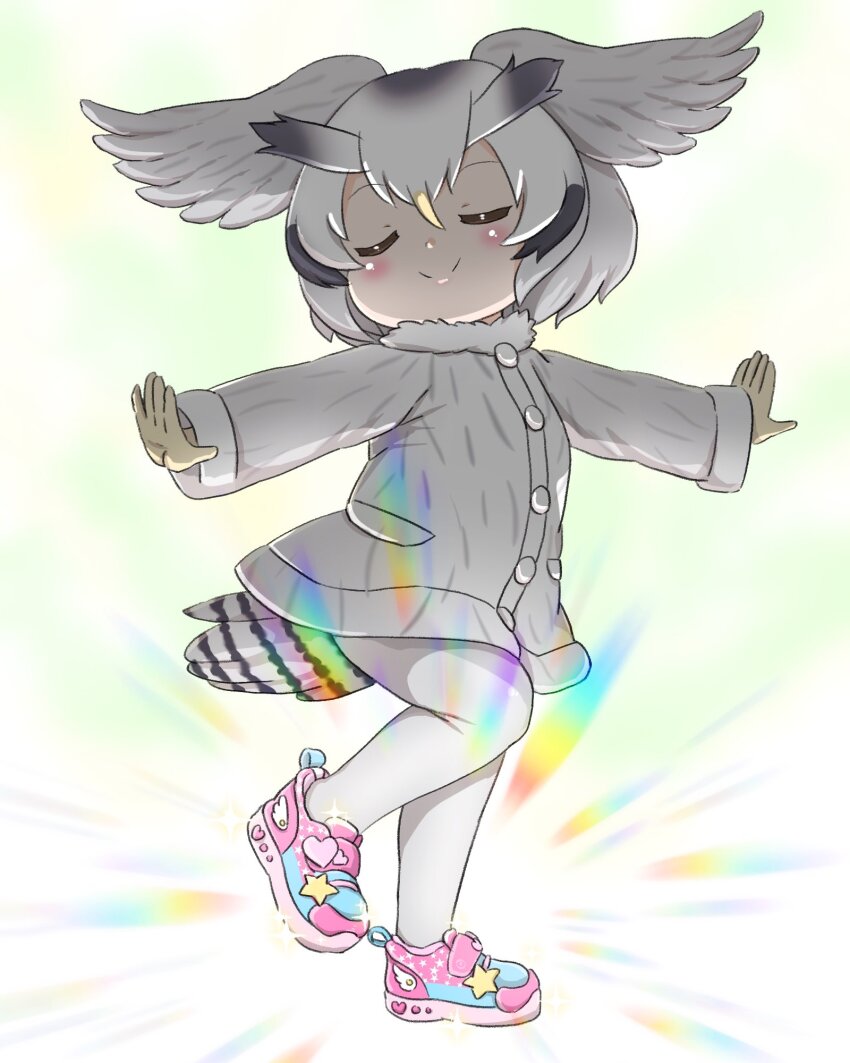 1girl akatsuki_no_guuru buttons closed_eyes coat doyagao feathers fur-trimmed_coat fur_trim gloves hair_between_eyes hair_wings highres kemono_friends light_up_shoes multicolored_shoes northern_white-faced_owl_(kemono_friends) outstretched_arms pantyhose shoes simple_background smile smug solo standing standing_on_one_leg white_background white_coat white_hair white_pantyhose yellow_gloves