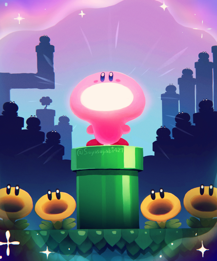 absurdres artist_name blue_eyes blush blush_stickers commentary_request crossover flower flowey_(undertale) grass highres kirby kirby_(series) kirby_and_the_forgotten_land light-bulb_mouth light_bulb mario_(series) mouthful_mode nintendo no_humans outdoors purple_sky silhouette sky sparkle standing super_mario_bros._wonder suyasuyabi talking_flower_(mario) twitter_username undertale warp_pipe when_you_see_it