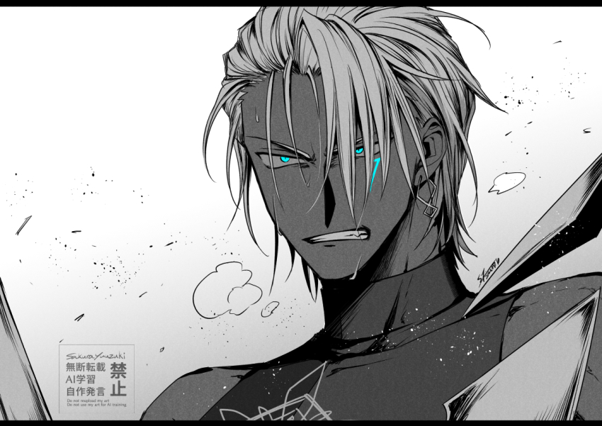 1boy bare_shoulders blue_eyes breath clenched_teeth dark-skinned_male dark_skin earrings fate/grand_order fate_(series) frustrated glowing glowing_eyes greyscale hair_over_one_eye indra_(fate) jewelry lightning_bolt_symbol looking_to_the_side monochrome print_shirt shirt single_earring sleeveless sleeveless_shirt solo sweat teeth tight_clothes tight_shirt yuuzuki230