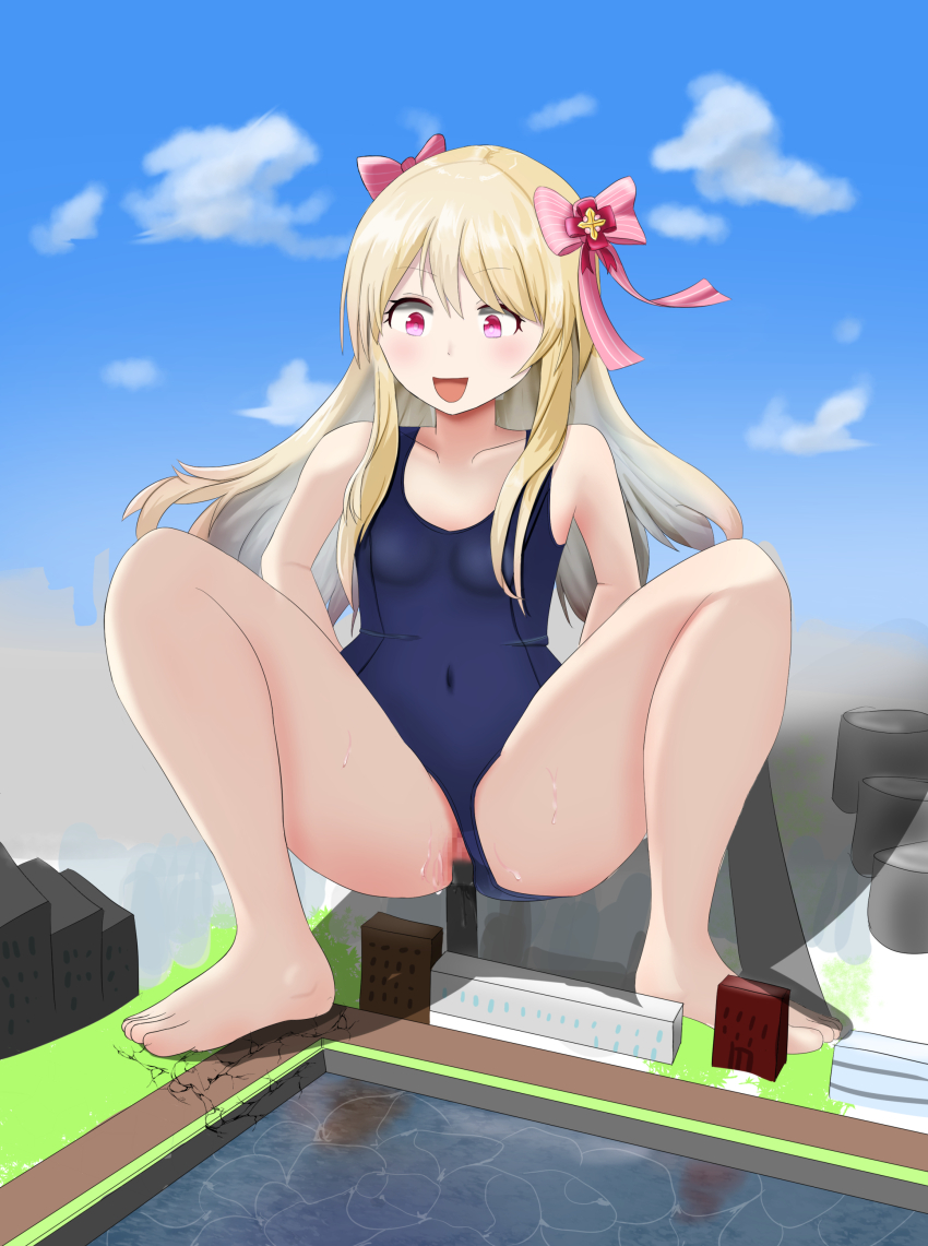 1girl absurdres bad_id bad_pixiv_id barefoot blonde_hair breasts building_sex chaos_marie_(grimms_notes) city female_masturbation full_body giant giantess grimms_notes highres long_hair masturbation nyacoate old_school_swimsuit open_mouth pink_eyes pussy school_swimsuit smile solo swimsuit vaginal