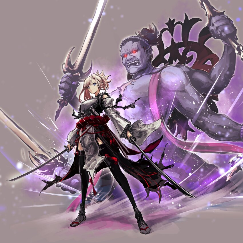 152_in_can 1girl absurdres asymmetrical_hair bare_shoulders black_thighhighs blue_eyes breasts detached_sleeves fate/samurai_remnant fate_(series) full_body hair_bun highres japanese_clothes katana kimono large_breasts leaf_print looking_at_viewer maple_leaf_print miyamoto_musashi_(fate) miyamoto_musashi_(woman_of_niten_ichiryuu)_(fate) multiple_weapons multiple_wielding sandals simple_background single_side_bun sleeveless sleeveless_kimono smile sword thighhighs weapon wide_sleeves zouri